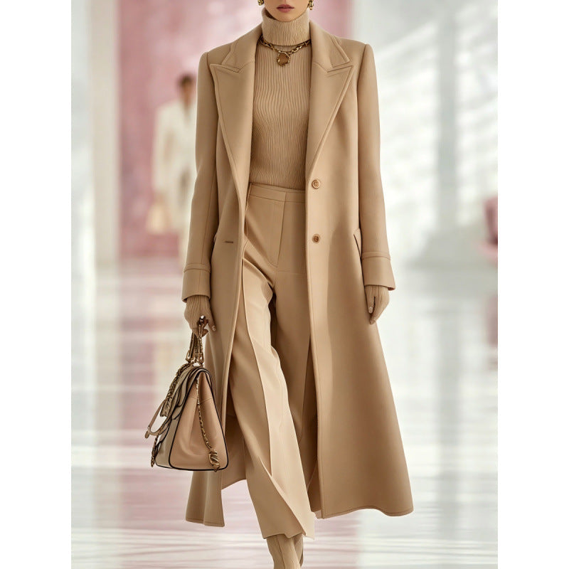 Elegant Oversized Notched Collar Maxi Wool Coat