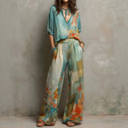 Watercolor Floral Print Two-Piece Linen-Blend Set