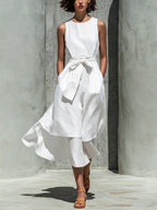 Sleeveless Tie Waist Layered Linen Midi Dress