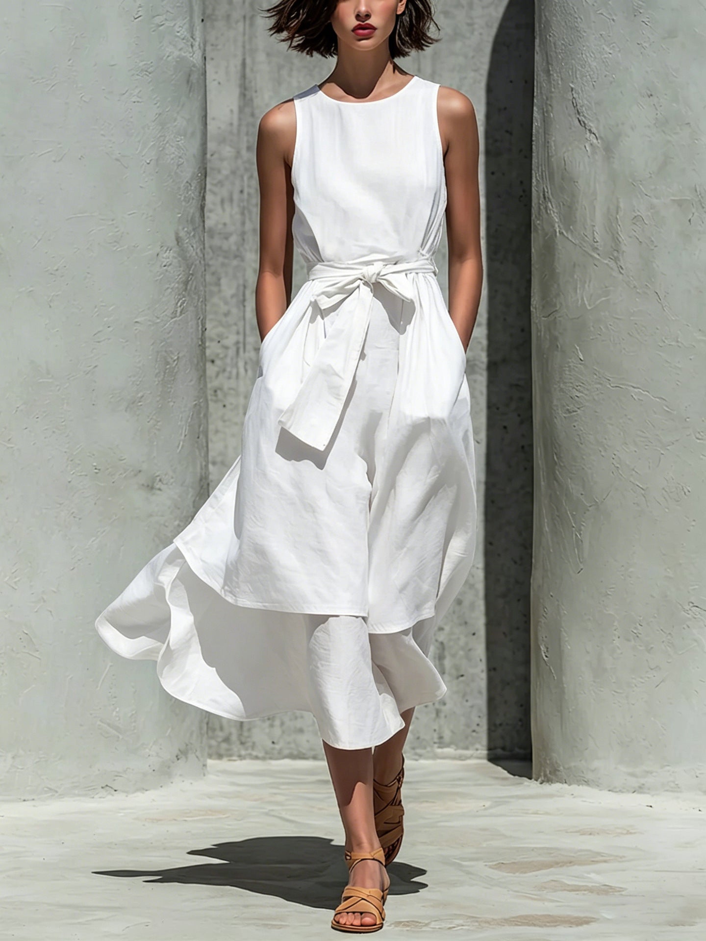 Sleeveless Tie Waist Layered Linen Midi Dress