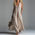 Pocket Deep V-Neck Solid Color Casual Dress