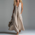 Pocket Deep V-Neck Solid Color Casual Dress