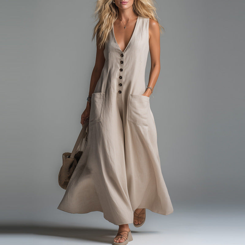 Pocket Deep V-Neck Solid Color Casual Dress