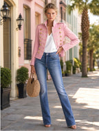 Women’s Stand Collar Double Breasted Gold Button Decor Denim Jacket