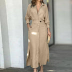 Women Collared Waist‑Tab Shirt Maxi Dress