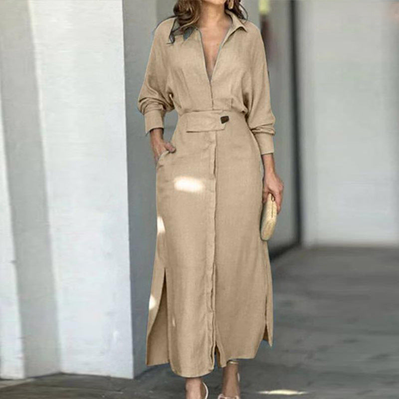 Women Collared Waist‑Tab Shirt Maxi Dress