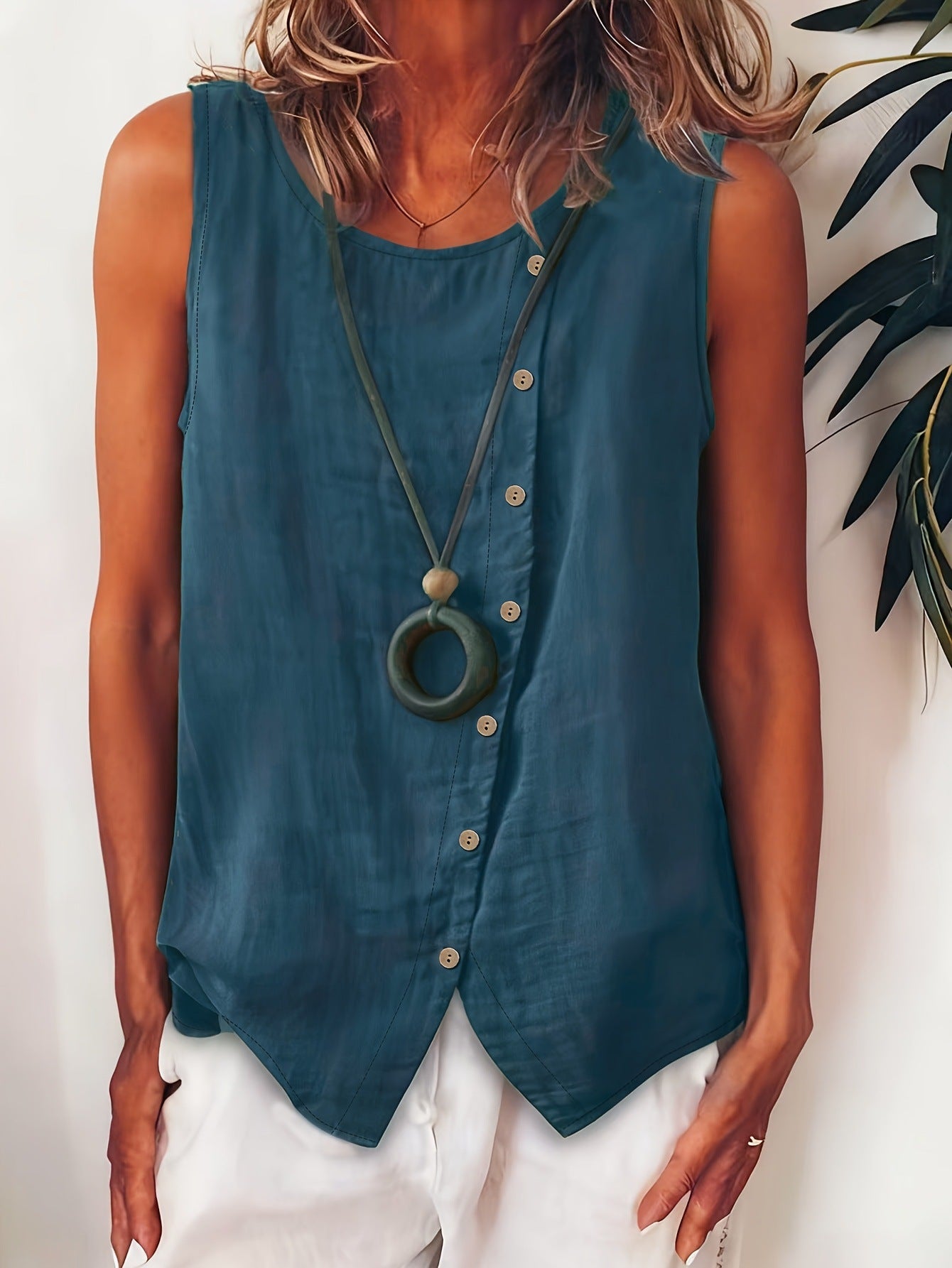 Solid Color Round Neck Sleeveless Casual Loose Cotton-linen Top