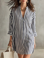 V-Neck Vertical Stripe Roll Sleeve Mini Shirt Dress