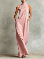 Sleeveless High Neck Linen Maxi Shift Dress
