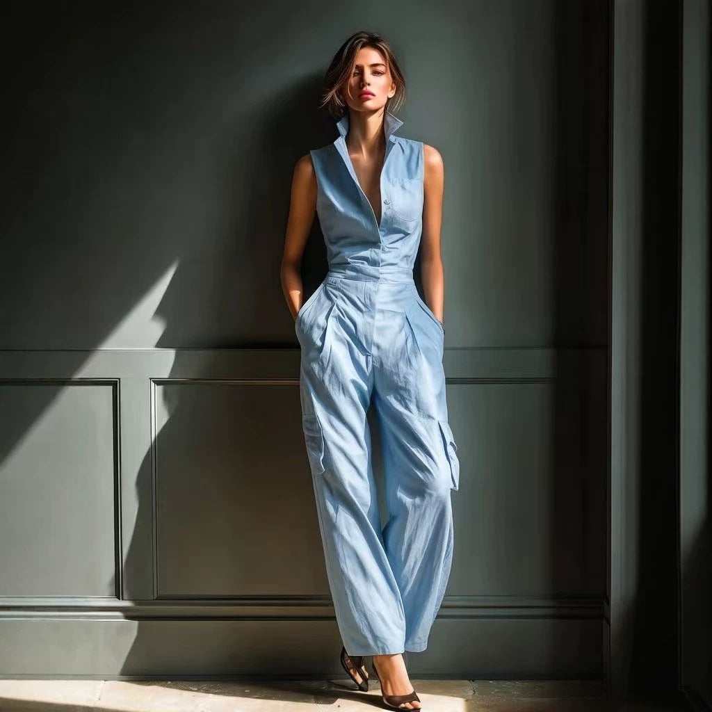 Sleeveless Collar Shirt Cargo Wide Leg Jumpsuit