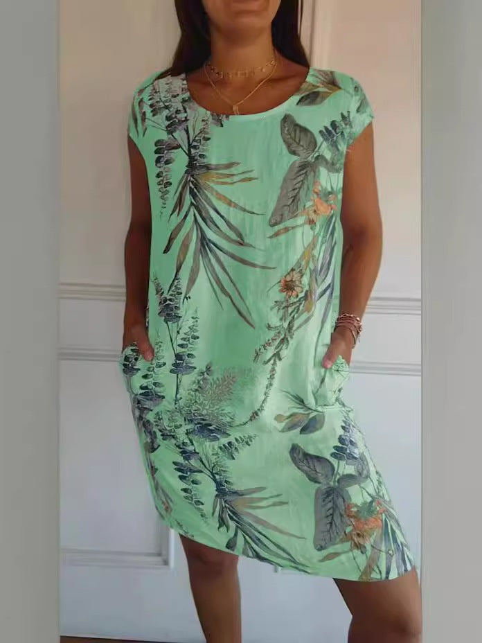Women'S Botanical Print Cap‑Sleeve Midi Dress
