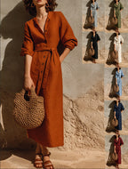 Linen‑Blend Belted Button‑Front Collared Midi Shirt Dress