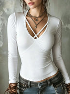 Women's Light Blue Crisscross V Neck Long Sleeve Slim Fit Basic Tee