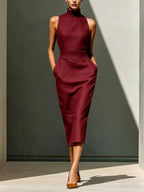 Women'S Elegant Sleeveless Slim Fit Hip-Covering Mid-Length Dress