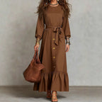 Button‑Front Tie‑Waist Tiered Ruffle Maxi Dress
