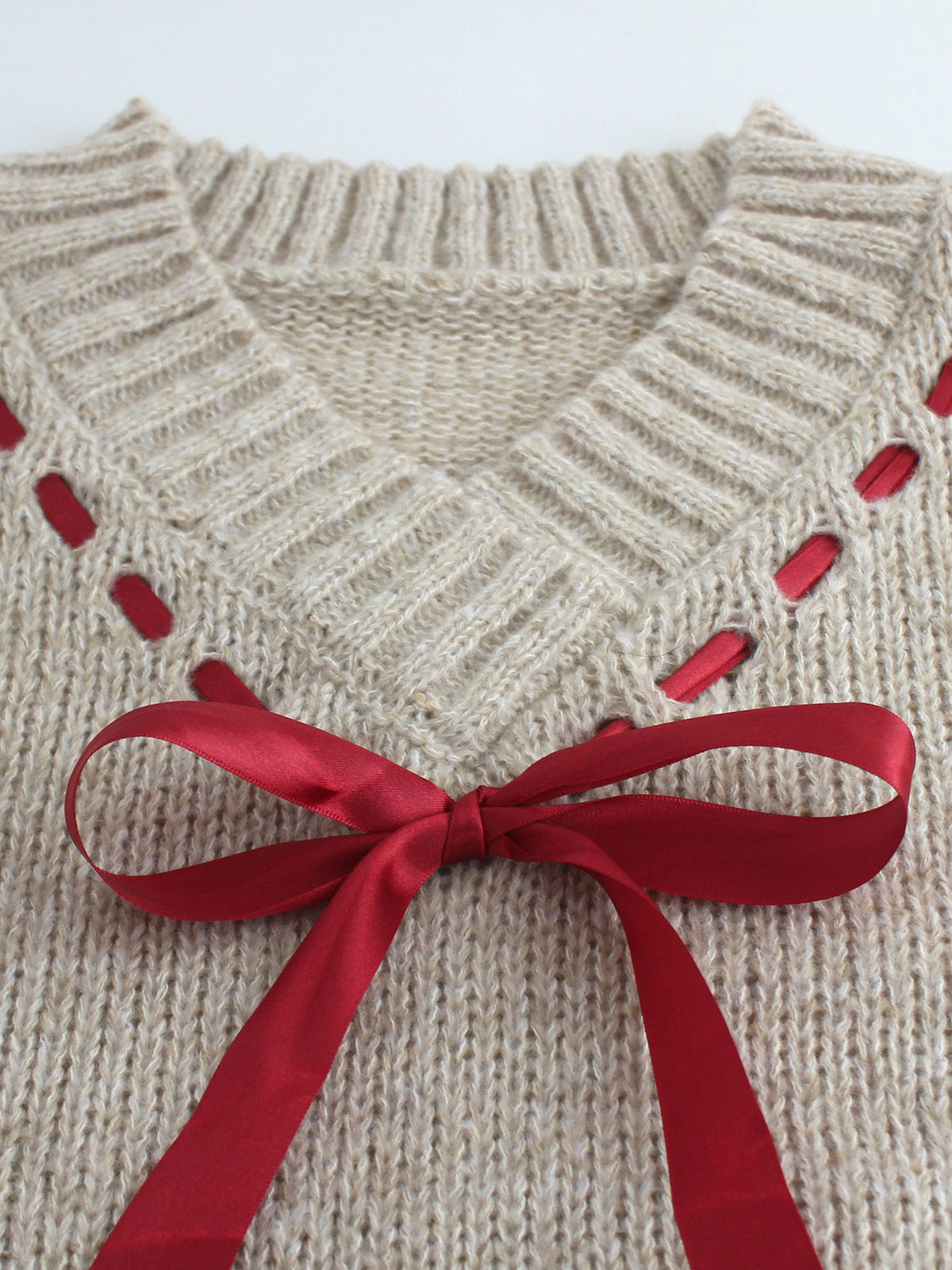 Beige V Neck Long Sleeve Red Bow Graphic Knit Sweater