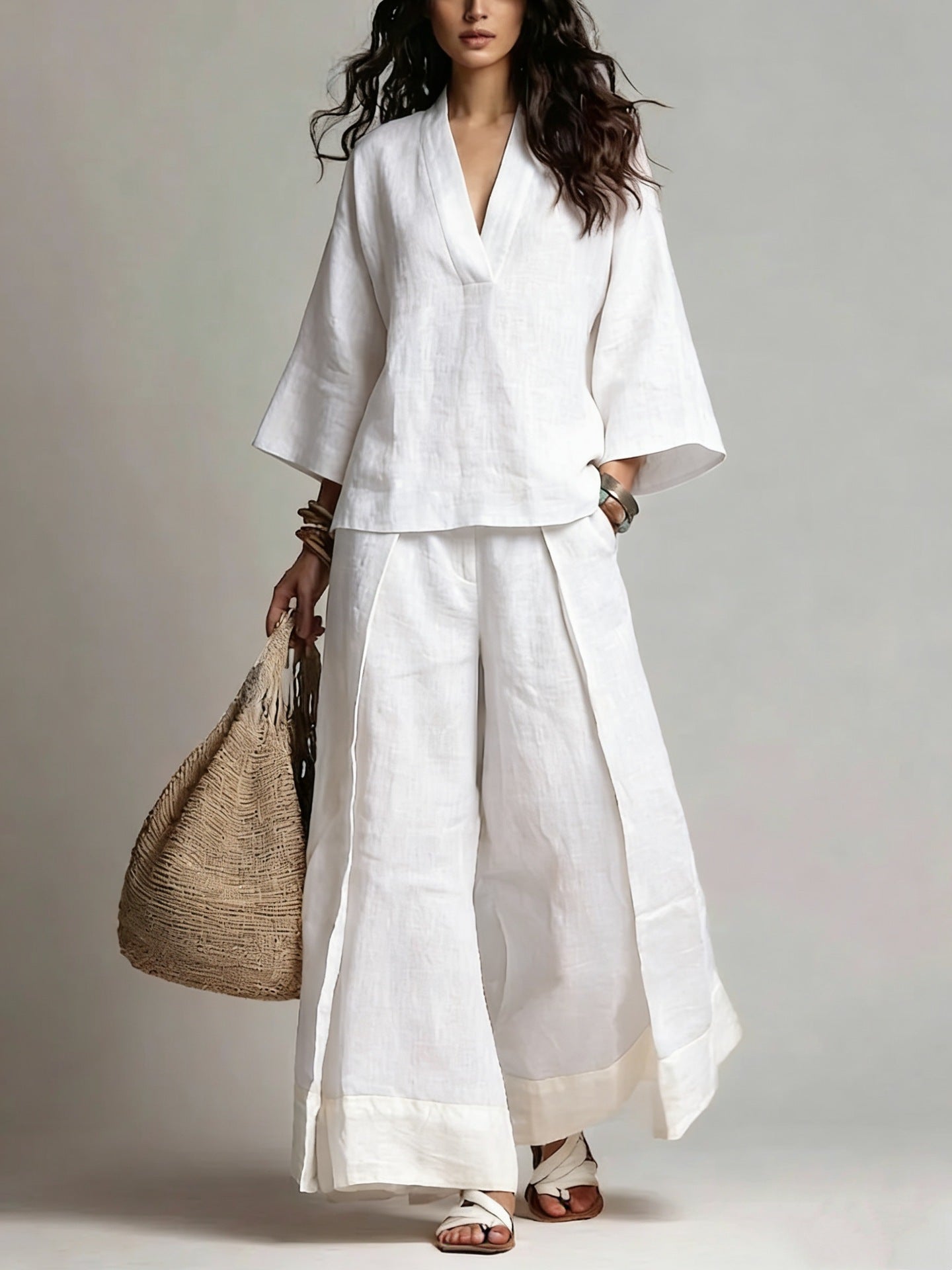 French V-Neck Three-Quarter Sleeve Shirt + Contrasting Color Wide-Leg Pants Suit For Women