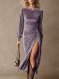 Velvet Ruched Side‑Slit Long‑Sleeve Midi Dress
