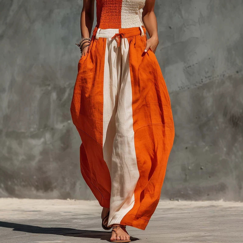 Strapless Orange And Off-White Contrasting Cotton And Linen Jumpsuit