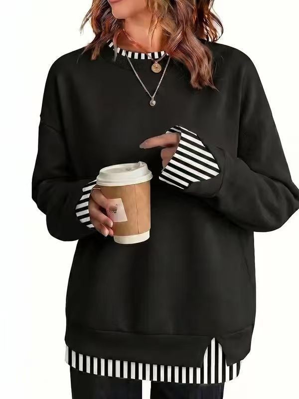 Women’s Oversized Contrast Rib Cuff Layered Look Pullover