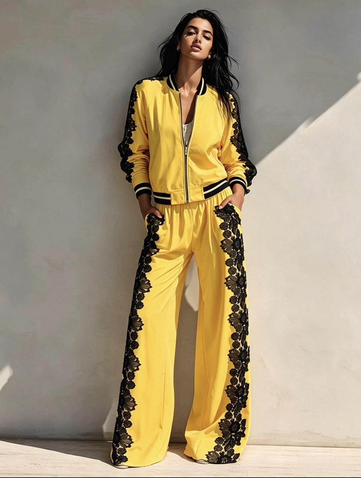 Bomber Jacket & Wide‑Leg Pants Two‑Piece Set with Black Lace Trim