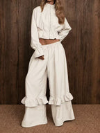 Casual Dusty Lavender Cropped Jacket and Flared Ruffle Pant Set