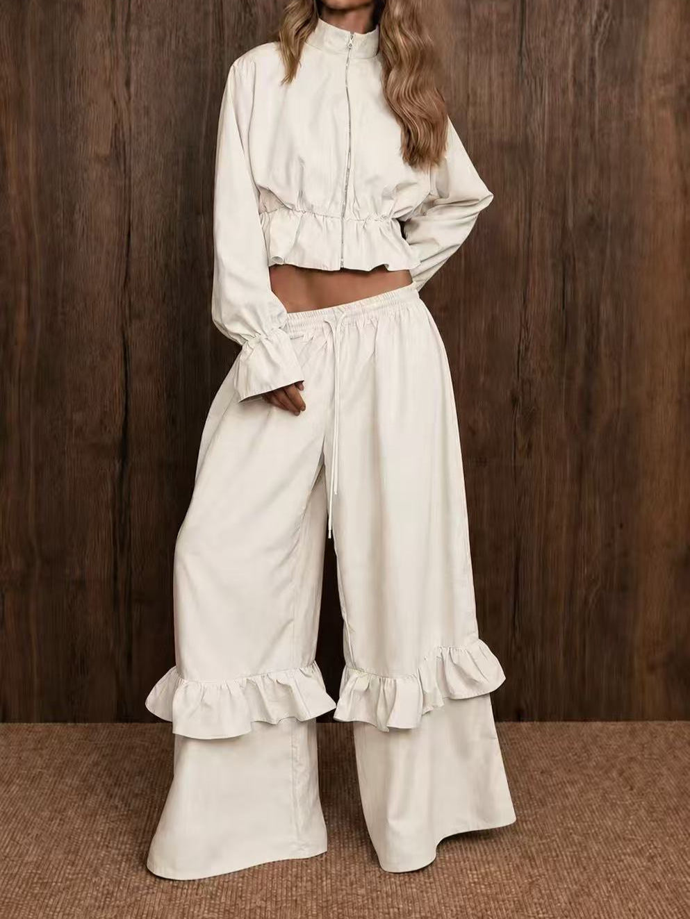 Casual Dusty Lavender Cropped Jacket and Flared Ruffle Pant Set