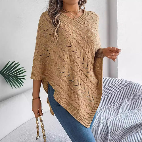 Cable Knit Hollow Out V-Neck Poncho Sweater Cape