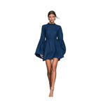 Ruffled High‑Neck Bell‑Sleeve Elastic Waist Mini Dress