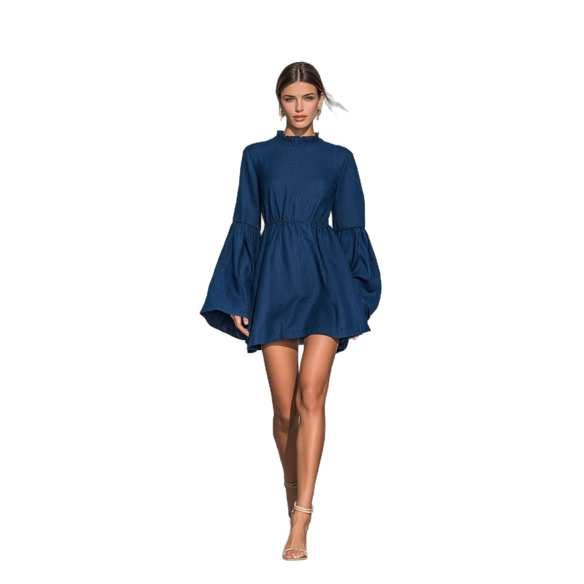 Ruffled High‑Neck Bell‑Sleeve Elastic Waist Mini Dress