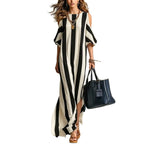 Vertical Stripe Cold Shoulder Split Maxi Shift Dress