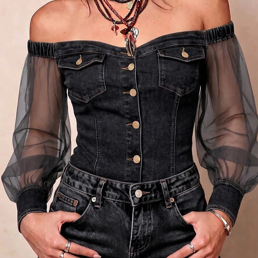 Off-Shoulder Denim Mesh Sleeve Top