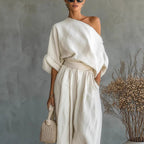 Women One Shoulder Linen Two Piece Outfit, Oversized Roll Sleeve Top
