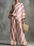 Striped Asymmetric Top & Wide-Leg Pants Set