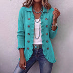 Lapel Ruffle Trim Double‑Breasted Long Sleeve Open Front Knit Cardigan Jacket