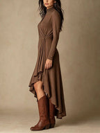 Mock Neck Wrap Dress with Asymmetric Ruffle Hem