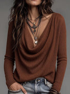 Cowl Neck Long Sleeve Ribbed Knit Top