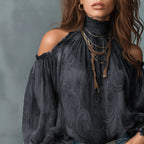 High Neck Ruffle Trim Long Sleeve Chiffon Top