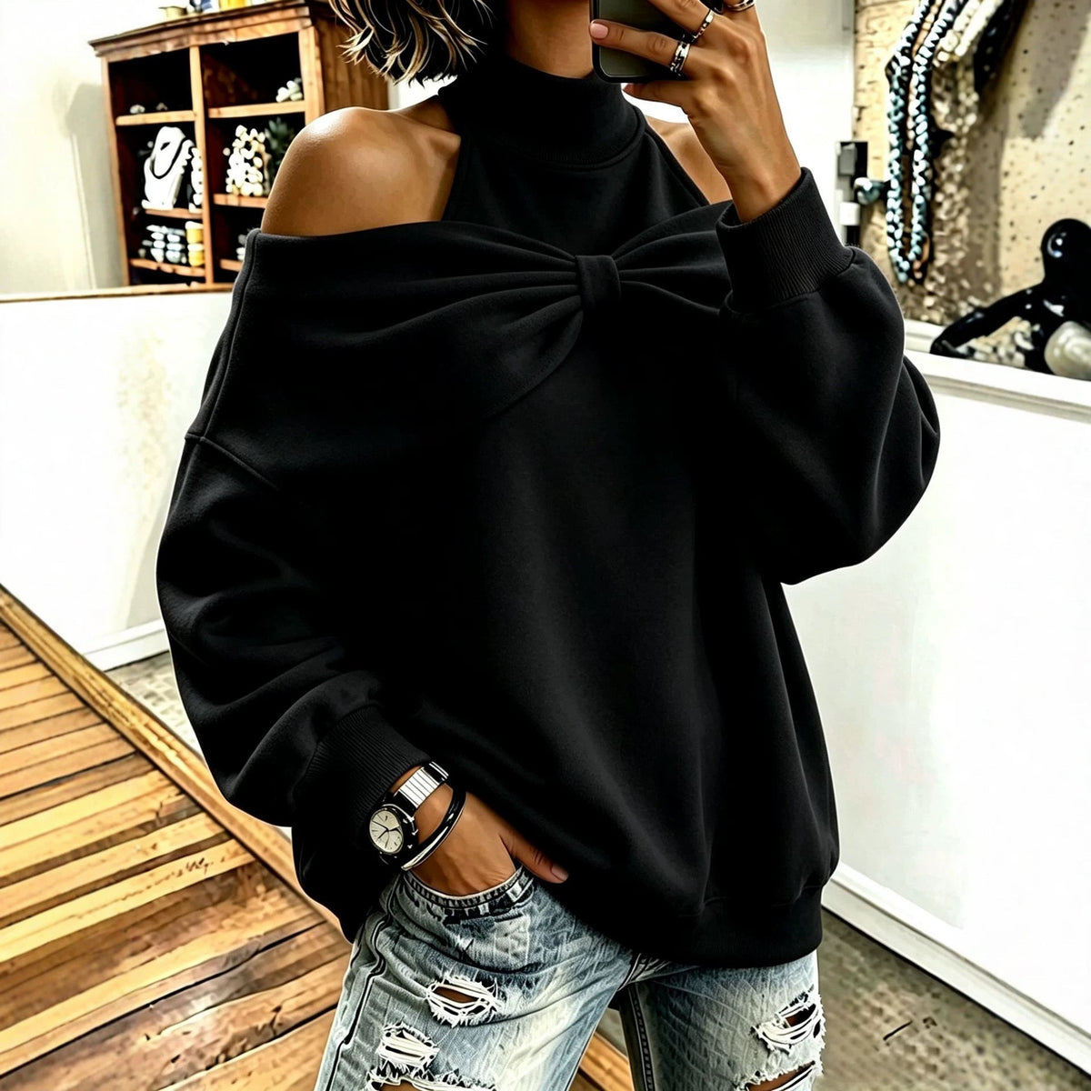 Chic Oversized Mock Neck Sweatshirt With Bow Detail