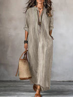 Textured Crinkled V Neck Half Sleeve Loose Maxi Dress