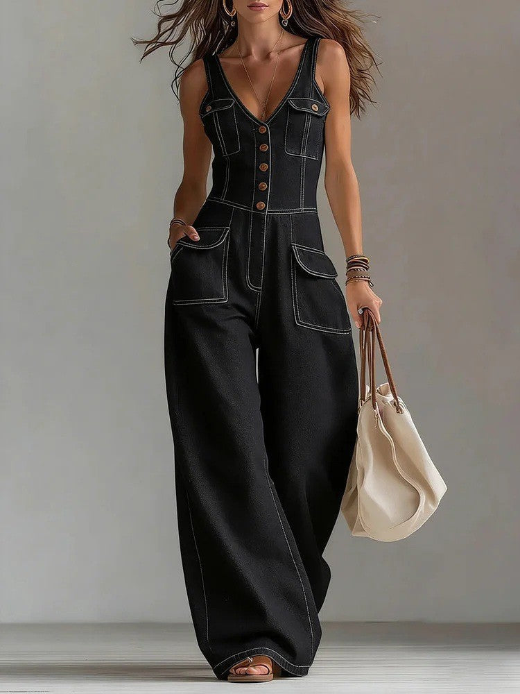 Women's Washed Denim Loose-Fit Sleeveless Jumpsuit