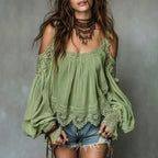 Burgundy Boho Cold-Shoulder Lace Blouse