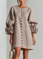 Women Blush Pink Fabric Floral Appliqué Balloon‑Sleeve Shift Mini Dress