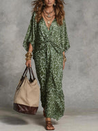 Women's Leopard Print Knot-Front Maxi Kaftan Dress - Flowy V-Neck Chiffon Cover-Up