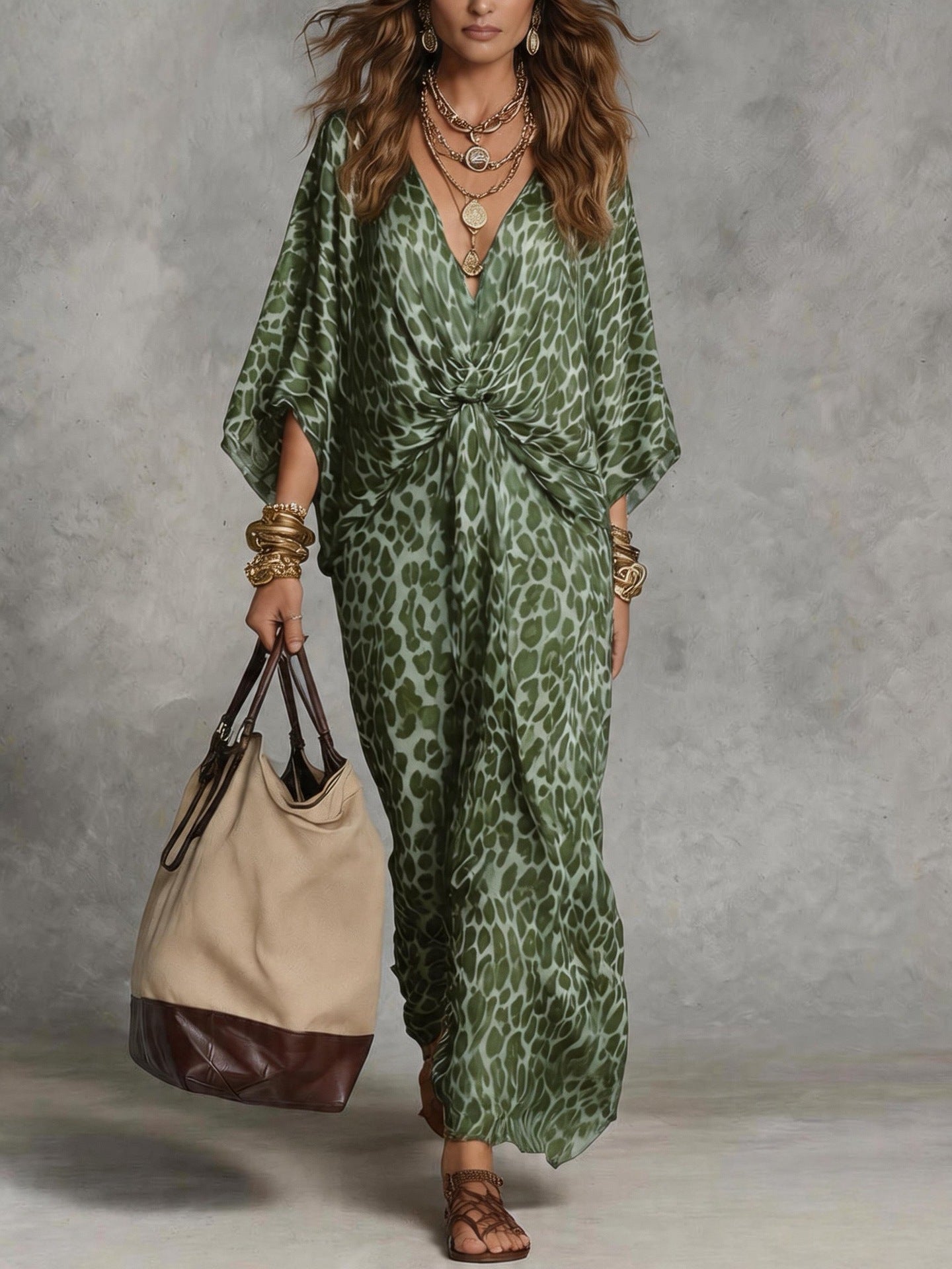 Women's Leopard Print Knot-Front Maxi Kaftan Dress - Flowy V-Neck Chiffon Cover-Up