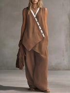 Bohemian V-Neck Irregular Button Vest Wide-Leg Pants Casual Suit