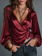 V-Neck Balloon Sleeve Tie Waist Elegant Top