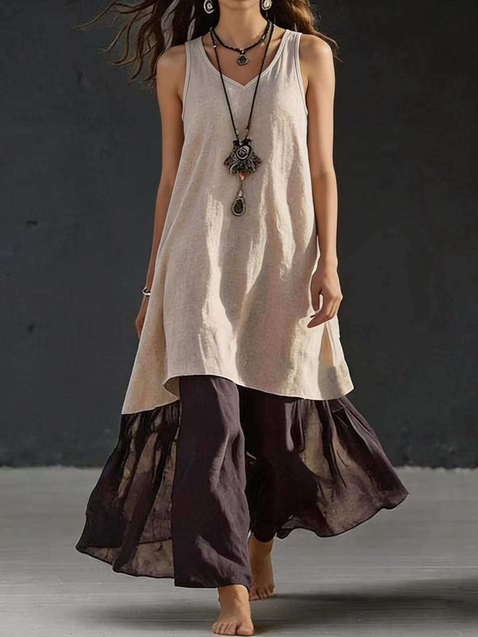 High-Low Tunic Top & Sheer Layered Wide Leg Pants
