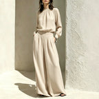Women'S Gathered High‑Neck Blouse & Pleated Wide‑Leg Pants Two‑Piece Set