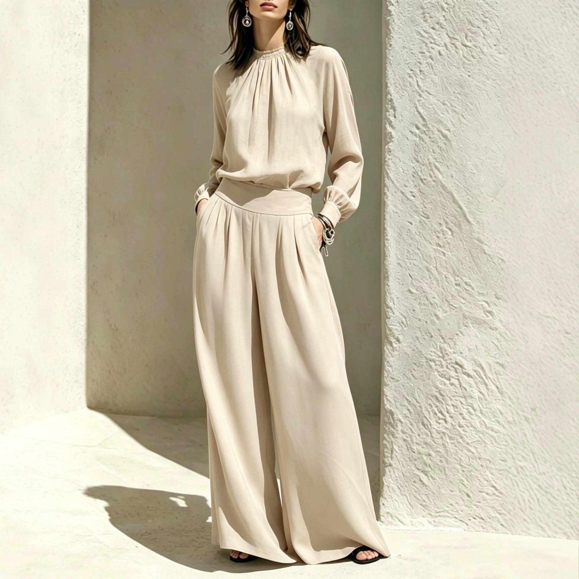 Women'S Gathered High‑Neck Blouse & Pleated Wide‑Leg Pants Two‑Piece Set